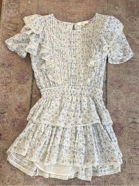 LoveShackFancy White and Light Blue Floral Ruffle Dress for Kids